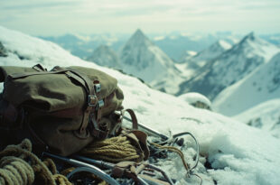 Vintage climbing gear including rope, ice axe, and pack positioned on snowy mountain ridge with Himalayan peaks behind