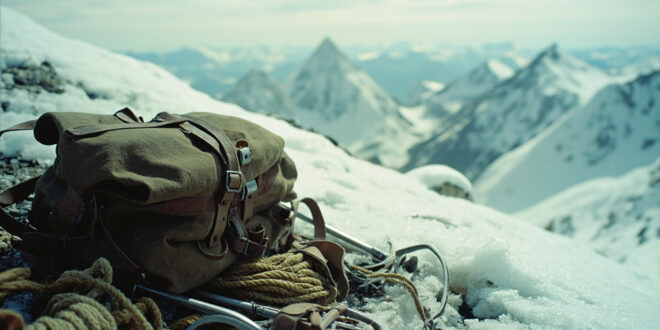 Vintage climbing gear including rope, ice axe, and pack positioned on snowy mountain ridge with Himalayan peaks behind
