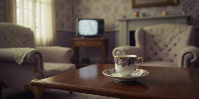 Fine bone china teacup on saucer sits beside vintage television in traditional English parlor with floral wallpaper