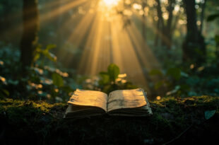 Open field journal on mossy log in dappled forest light with African wilderness stretching beyond