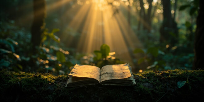 Research notebook, binoculars, and scientific tools arranged on forest floor with dappled sunlight filtering through canopy