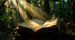 Open research notebook with pencil drawings lies on moss-covered log in tropical forest setting