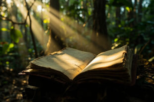 Open research notebook with pencil drawings lies on moss-covered log in tropical forest setting