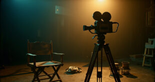 Vintage film camera on tripod beside empty director's chair in shadowy studio setting with golden light