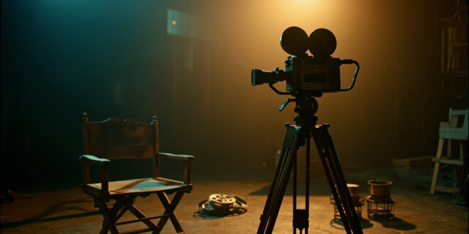 Vintage film camera on tripod beside empty director's chair in shadowy studio setting with golden light