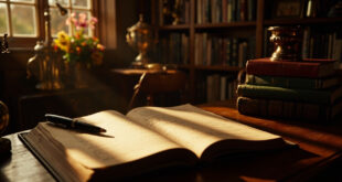 Stacks of romance novels with horse riding trophies and fresh flowers in rustic English study setting