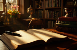 Stacks of romance novels with horse riding trophies and fresh flowers in rustic English study setting