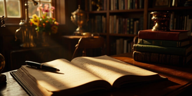 Stacks of romance novels with horse riding trophies and fresh flowers in rustic English study setting