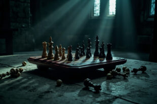 Chess pieces on aged wooden board inside stone castle room, some pieces toppled, dramatic shadows across game surface