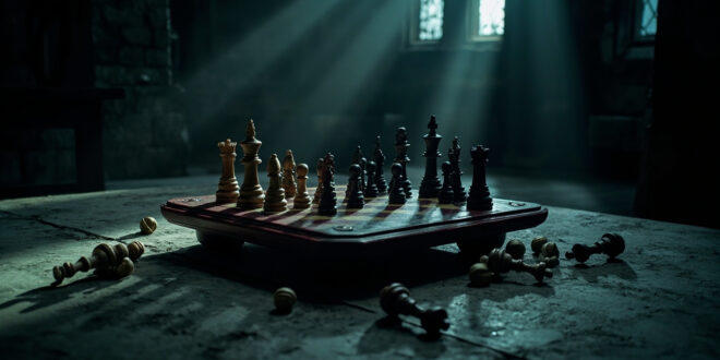 Chess pieces on aged wooden board inside stone castle room, some pieces toppled, dramatic shadows across game surface