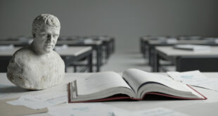 Marble Roman bust beside open textbooks and exam papers on wooden desk with blurred classroom seats in background
