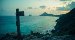 Solitary wooden trail marker on cliff edge above turquoise coral reef waters under overcast sky