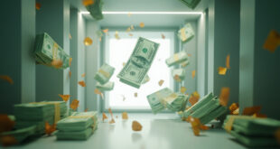 Dollar bills scattering in empty vault space with dramatic shadows and green lighting