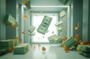 Dollar bills scattering in empty vault space with dramatic shadows and green lighting
