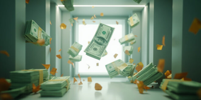 Dollar bills scattering in empty vault space with dramatic shadows and green lighting