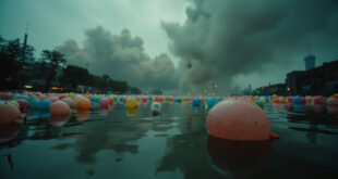 Deflated colorful balloons floating on dark lake water with city skyline in background under gray clouds