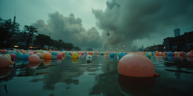 Deflated colorful balloons floating on dark lake water with city skyline in background under gray clouds