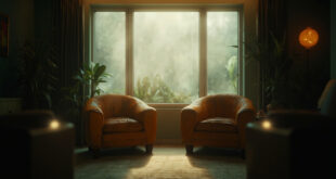 Two empty leather armchairs in a sunlit therapy room with plants and soft neutral decor