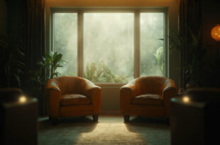 Two empty leather armchairs in a sunlit therapy room with plants and soft neutral decor