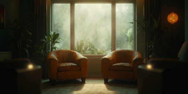Two empty leather armchairs in a sunlit therapy room with plants and soft neutral decor