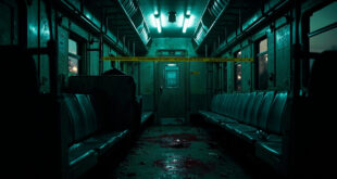 Empty train compartment with evidence markers and emergency response equipment scattered across seats