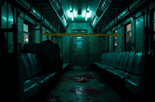 Empty train compartment with evidence markers and emergency response equipment scattered across seats
