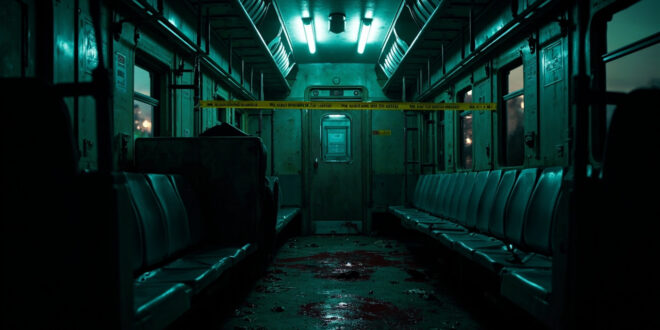 Empty train compartment with evidence markers and emergency response equipment scattered across seats