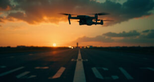 Quadcopter drone silhouetted against twilight sky over empty airport runway with distant control tower lights