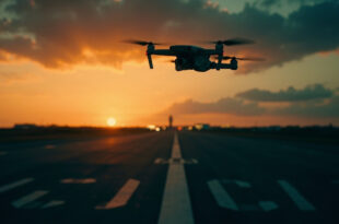 Quadcopter drone silhouetted against twilight sky over empty airport runway with distant control tower lights