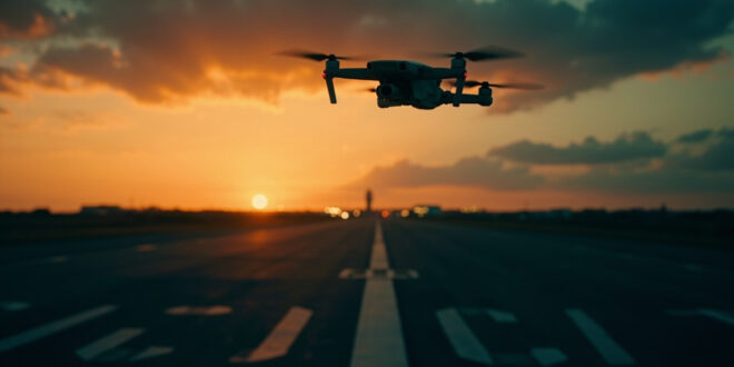 Quadcopter drone silhouetted against twilight sky over empty airport runway with distant control tower lights