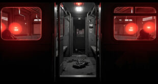 Empty train carriage with red emergency alarm light illuminated and open doors at darkened platform