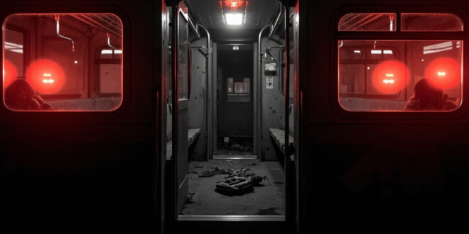 Empty train carriage with red emergency alarm light illuminated and open doors at darkened platform