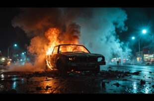 Burning car with flames and smoke on dark city street illuminated by blue emergency lights