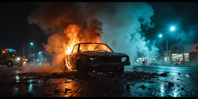 Burning car with flames and smoke on dark city street illuminated by blue emergency lights