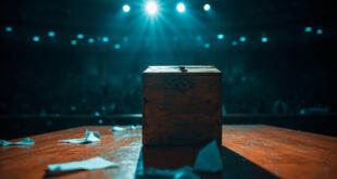 Empty wooden ballot box on table with scattered paper ballots in a modern parliamentary chamber under dramatic lighting