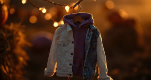 Small white denim jacket over purple hoodie on wooden hanger at pumpkin patch with hay bales and string lights