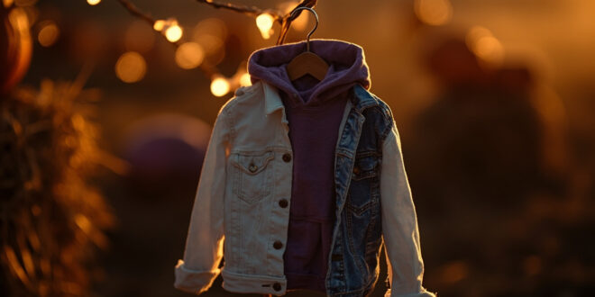 Small white denim jacket over purple hoodie on wooden hanger at pumpkin patch with hay bales and string lights