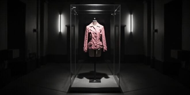Pink 1960s suit jacket displayed in glass museum case under focused lighting in archival storage vault