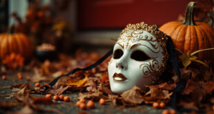 White opera phantom mask with gold details resting on wooden porch surrounded by orange pumpkins and fall leaves