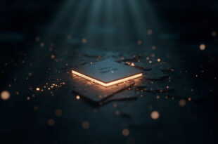 Broken circuit board floating in dark blue space with disconnected golden pathways and scattered data fragments