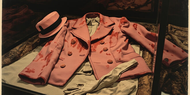 Pink wool suit jacket with dark stains preserved in climate-controlled archival storage