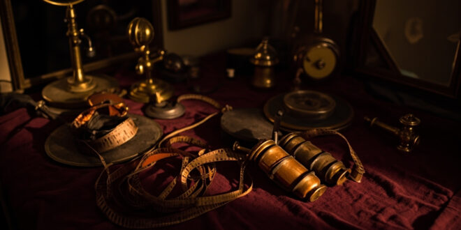 Vintage film reel, hot rollers, and microphone on velvet surface with warm theatrical lighting