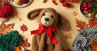 Brown knit dog costume with red ribbon beside green fuzzy fabric and red holiday accessories on festive backdrop