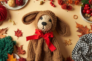 Brown knit dog costume with red ribbon beside green fuzzy fabric and red holiday accessories on festive backdrop