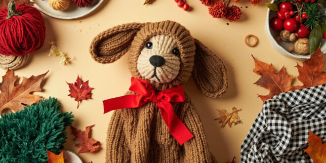 Brown knit dog costume with red ribbon beside green fuzzy fabric and red holiday accessories on festive backdrop