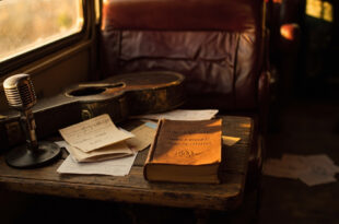 Leather book on wooden surface with vintage microphone, guitar case, and handwritten notes in warm amber lighting
