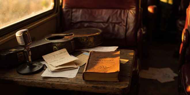 Leather book on wooden surface with vintage microphone, guitar case, and handwritten notes in warm amber lighting