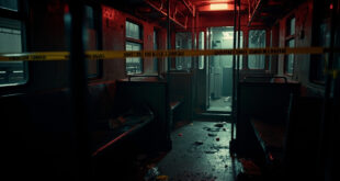Empty train interior with forensic evidence markers on seats and floor, police tape visible across doorway