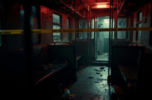 Empty train interior with forensic evidence markers on seats and floor, police tape visible across doorway