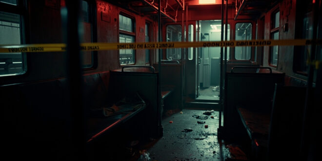 Empty train interior with forensic evidence markers on seats and floor, police tape visible across doorway